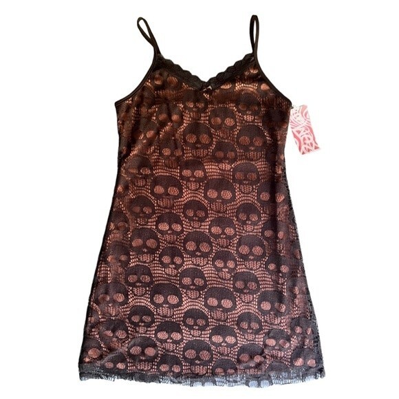 NWT Skull Lace Mini Dress Halloween Goth Grunge Fall Black Slip Medium Large M L - Picture 1 of 16